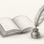 Bleistiftzeichnung eines offenen Buches mit einer eleganten Schreibfeder – Symbol für persönliche Einträge und wertvolle Gedanken